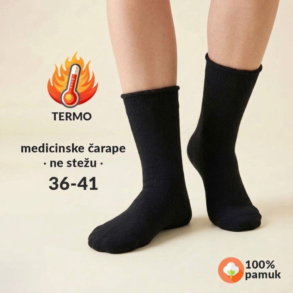 Ženske termo medicinske čarape, ne stežu – 100% pamuk, bešavne