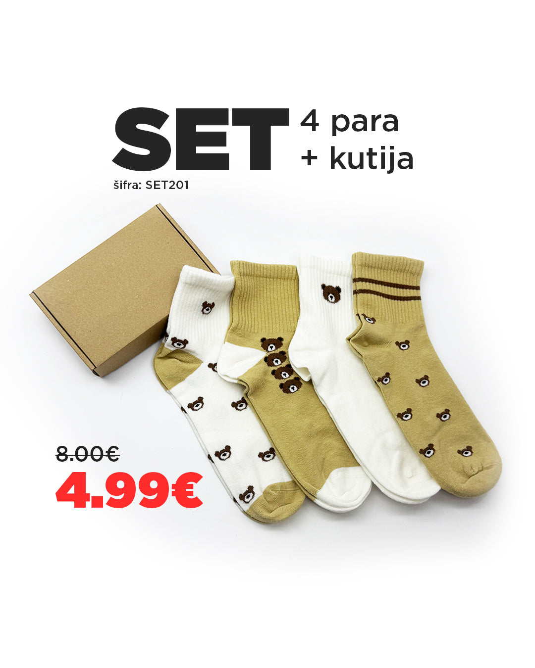 🐻 SET Čarapica sa Medama – 4 Para + Poklon Kutija