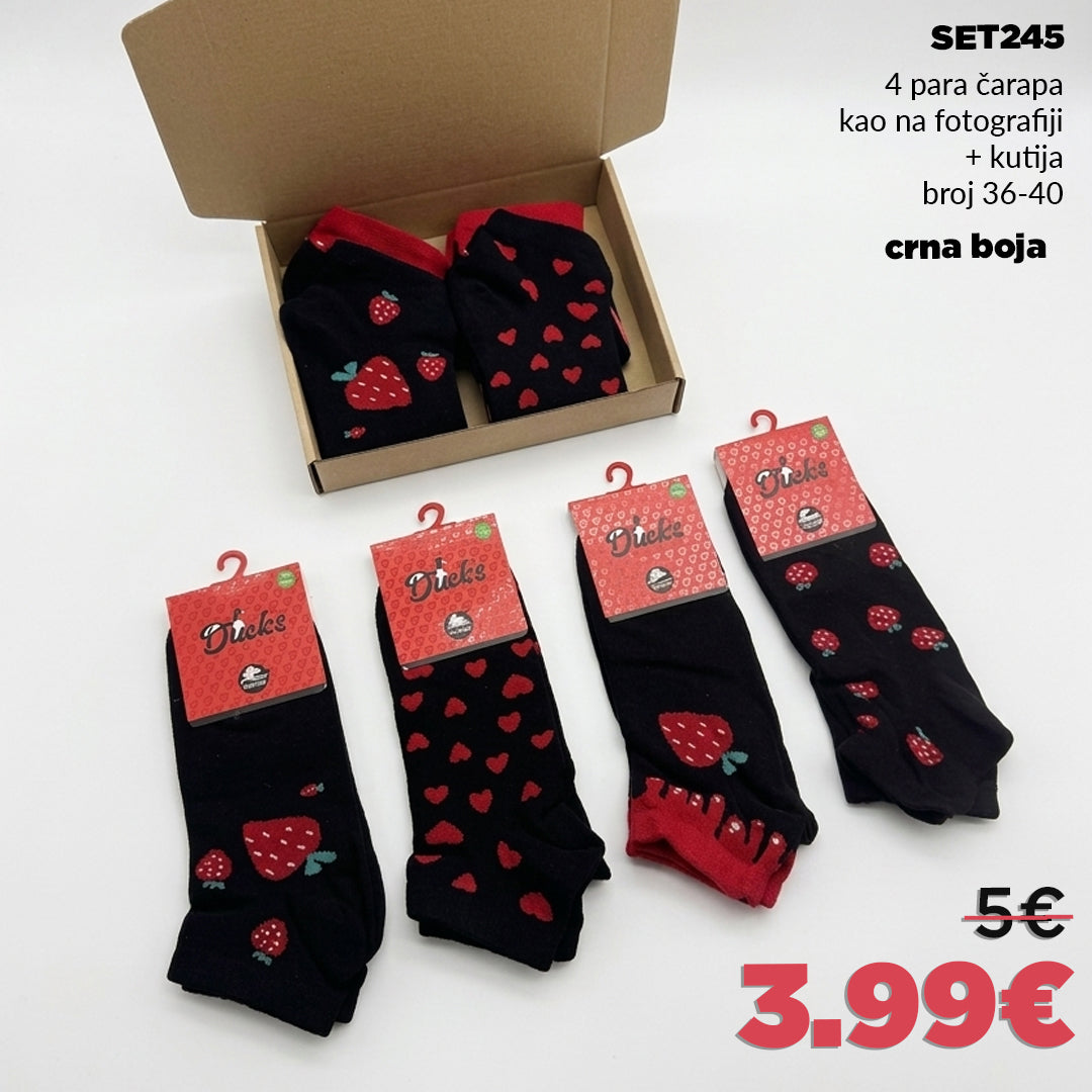 🍓 4 para kratkih čarapa u kutiji - jagode🍓 crna boja