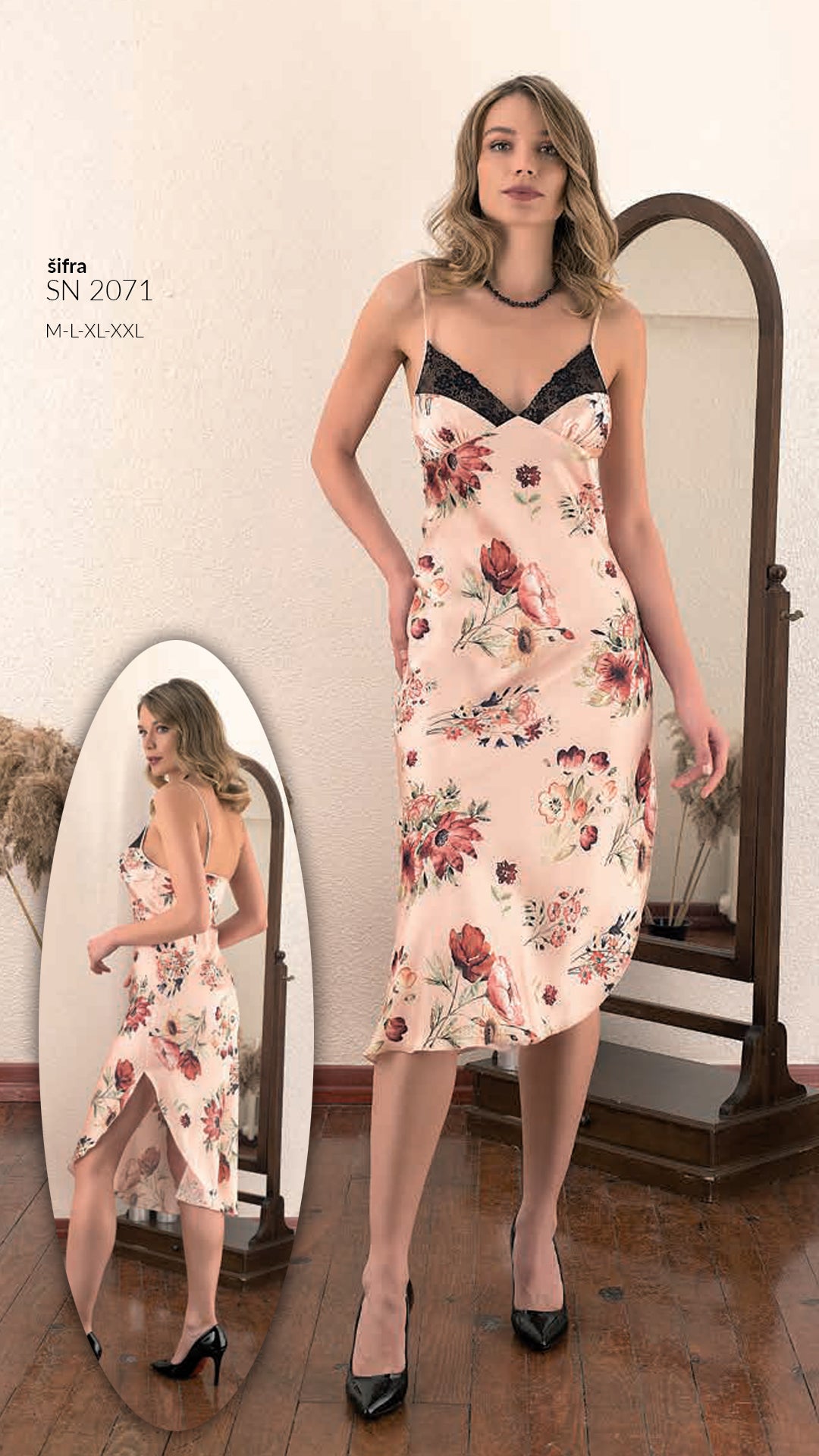 Duga satenska spavaćica, noćna haljina sa čipkom