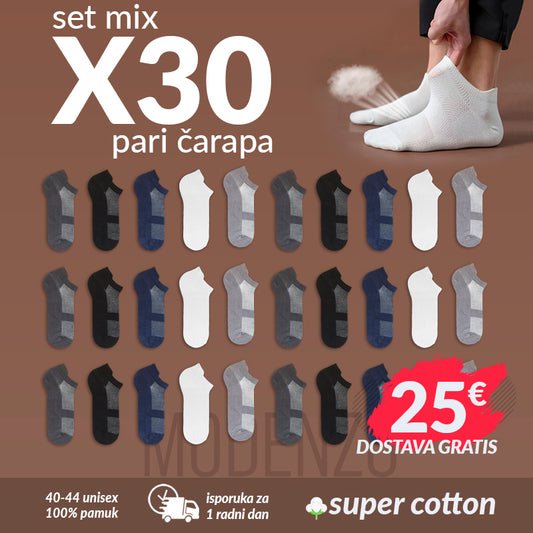 SET 30 pari kratke unisex pamučne čarape 40-44 (CX2) mix boja