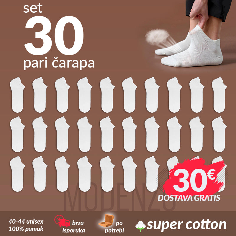 SET 30 pari kratke unisex pamučne čarape 40-44 (CX2) bijela boja