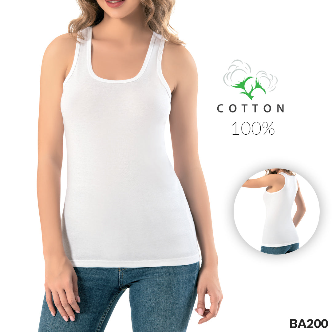 Ženska bijela pamučna majica na bretele BA200, prednji i zadnji prikaz, 100% pamuk
