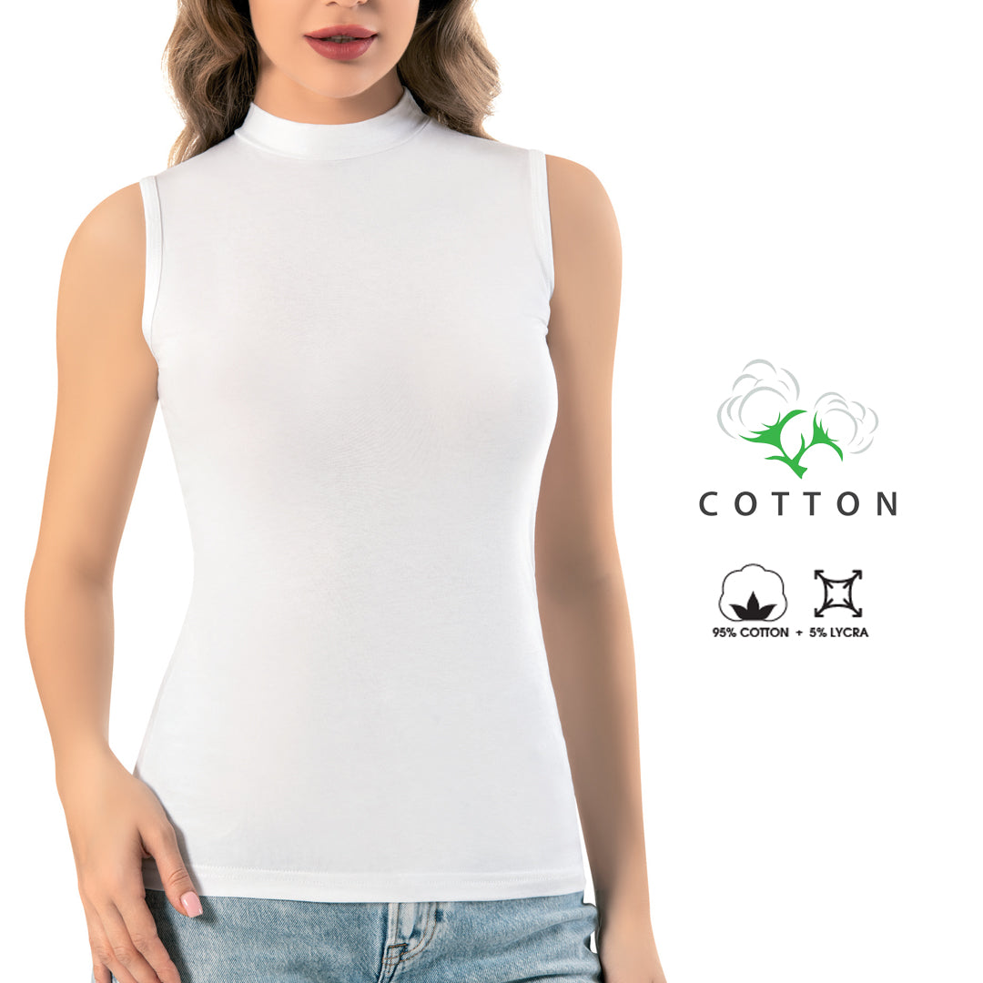 Zenska bijela majica bez rukava sa polu rolkom 95 posto pamuk 5 posto lycra model BA215