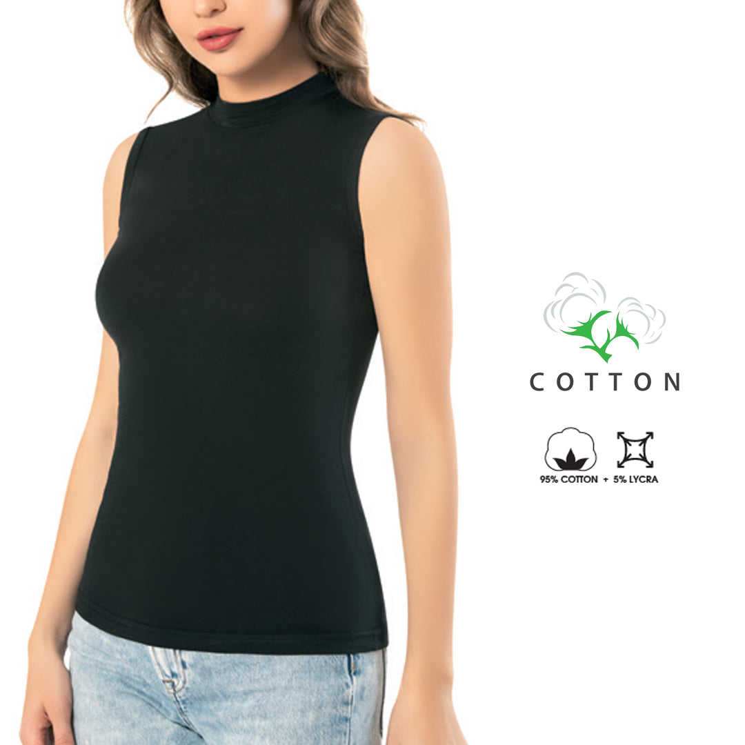 Zenska crna majica bez rukava sa polu rolkom 95 posto pamuk 5 posto lycra model BA215
