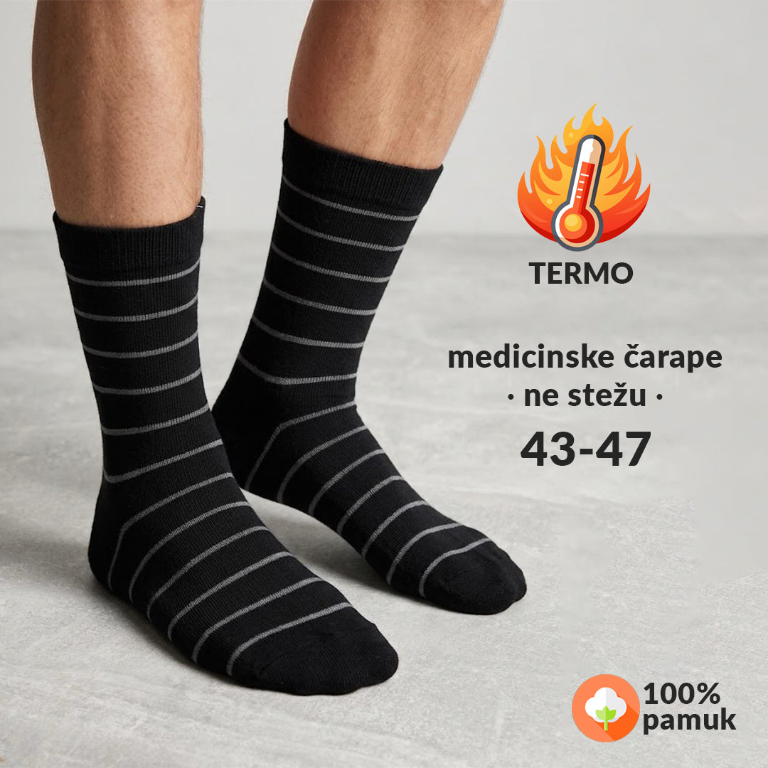 Muške medicinske termo čarape 43-47 – ne stežu, 100% pamuk, crne na sive linije