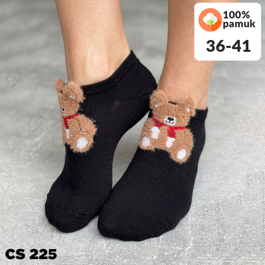 Crne ženske kratke čarape sa 3D plišanim medvjedićem sa crvenim šalom, 100% kuvani pamuk, veličine 36-41