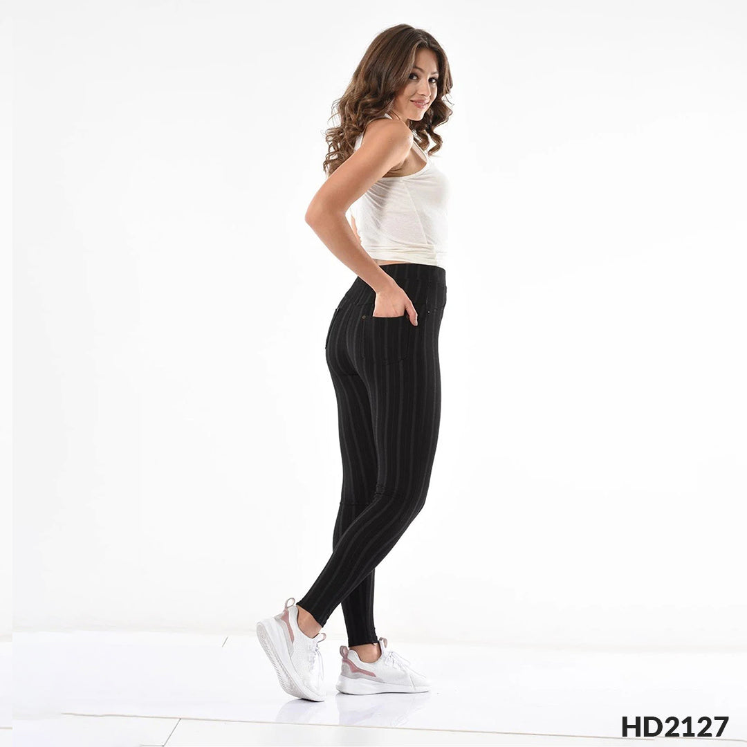 Crne ženske helanke slim fit sa tamnosivim prugama i visokim strukom, prikaz sa strane / pozadi