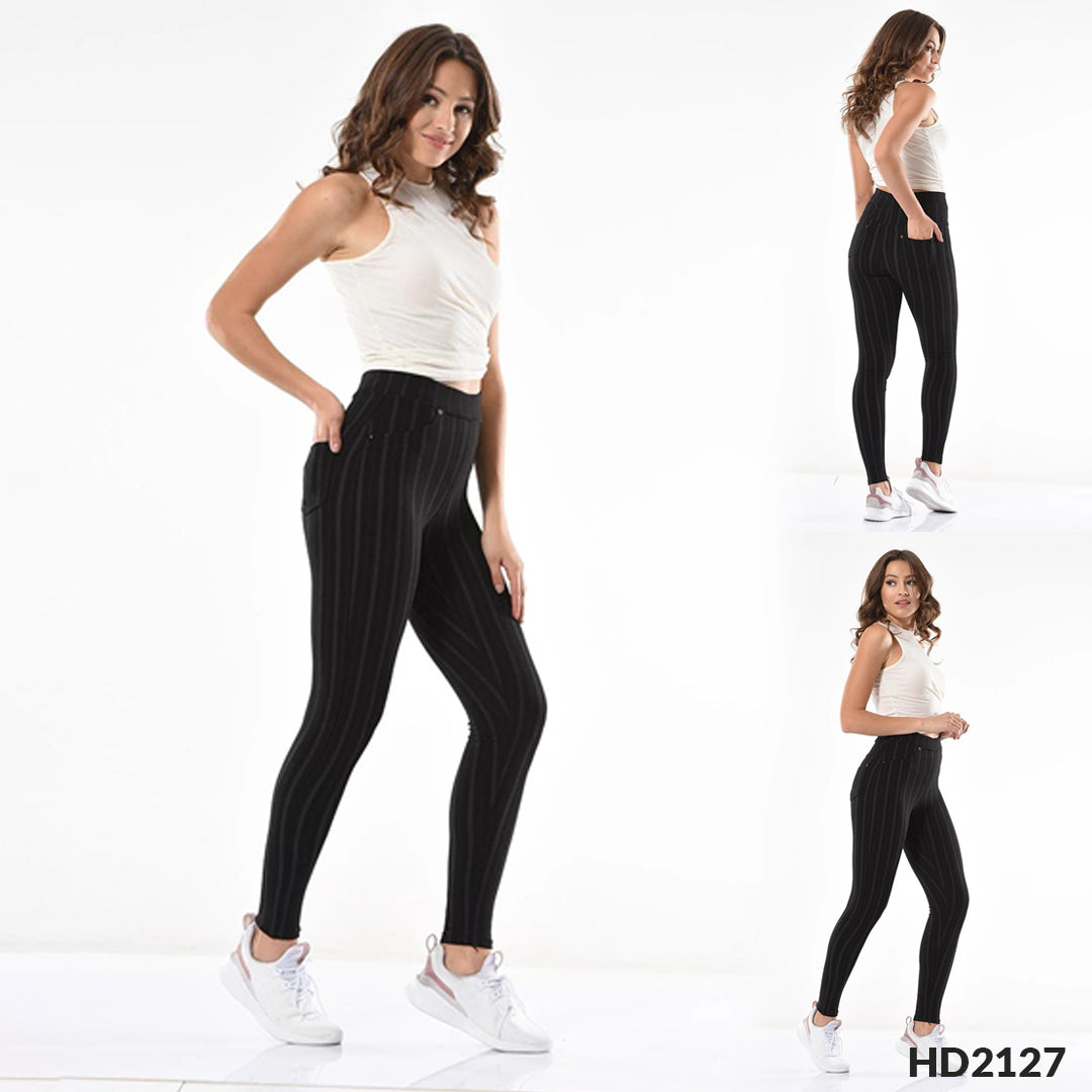 Crne ženske helanke slim fit sa tamnosivim prugama i visokim strukom, prikaz sa strane / pozadi