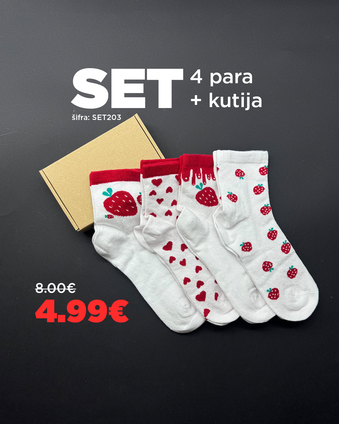 🍓 SET Čarapica sa Jagodama – 4 Para + Poklon Kutija