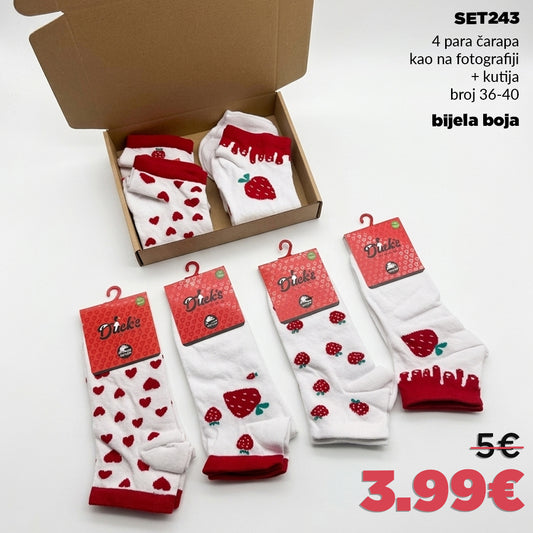 🍓 4 para kratkih čarapa u kutiji - jagode🍓bijela boja