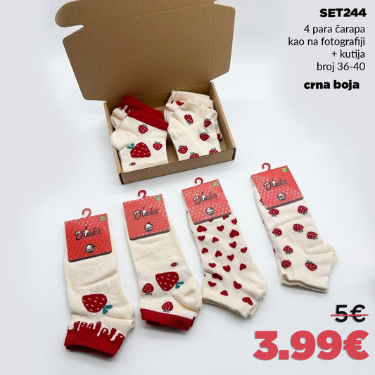 🍓 4 para kratkih čarapa u kutiji - jagode🍓 krem boja