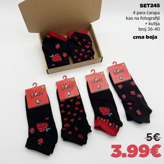 🍓 4 para kratkih čarapa u kutiji - jagode🍓 crna boja