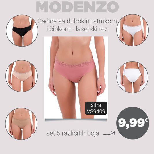 Gaćice sa dubokim strukom i čipkom, laserski rez, set 5 kom, VS9409