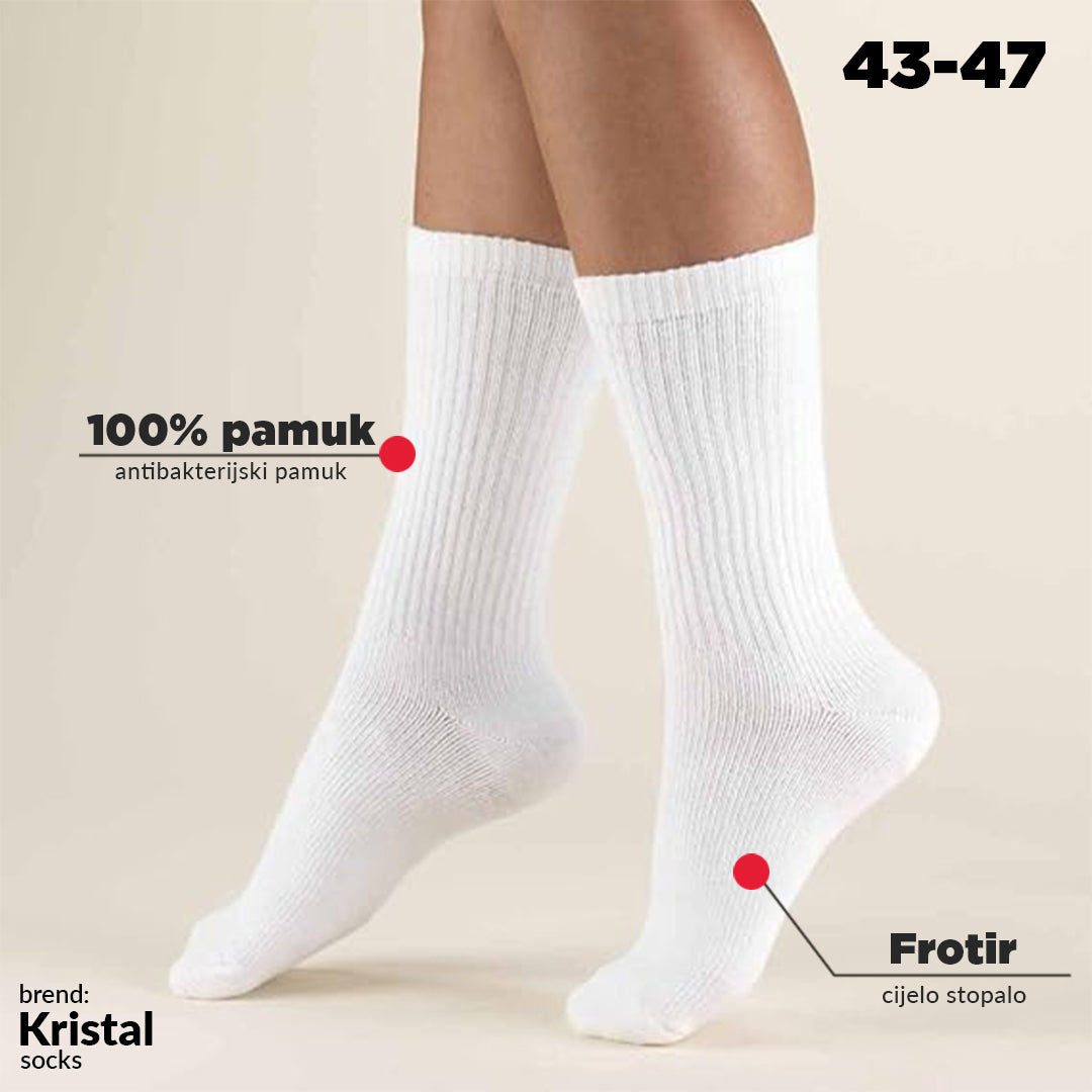 Bijele muške duge frotir čarape Kristal Socks od 100% antibakterijskog pamuka, veličina 43-47