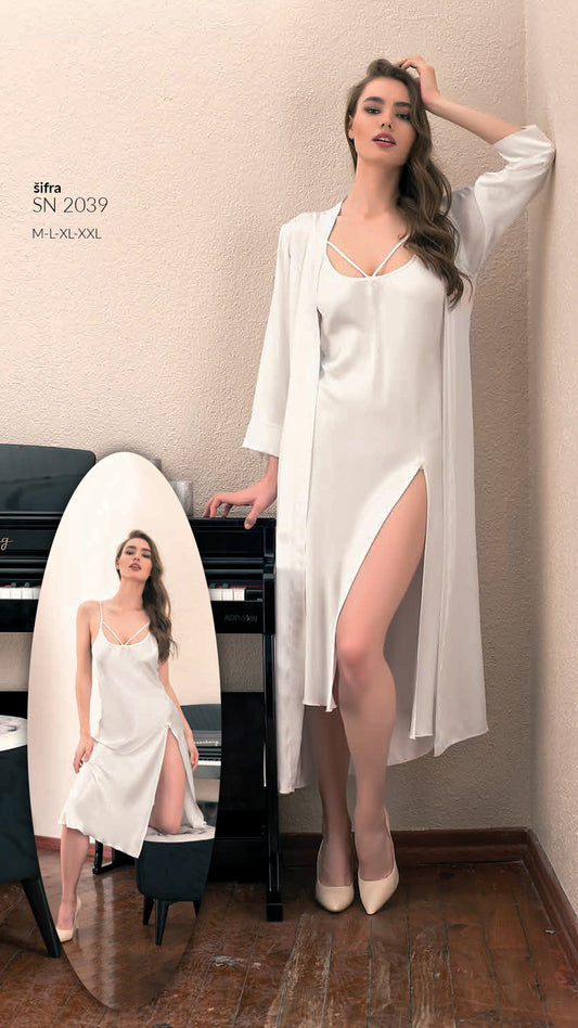 Duga satenska dvodjelna spavaćica, noćna haljina sa ogrtačem