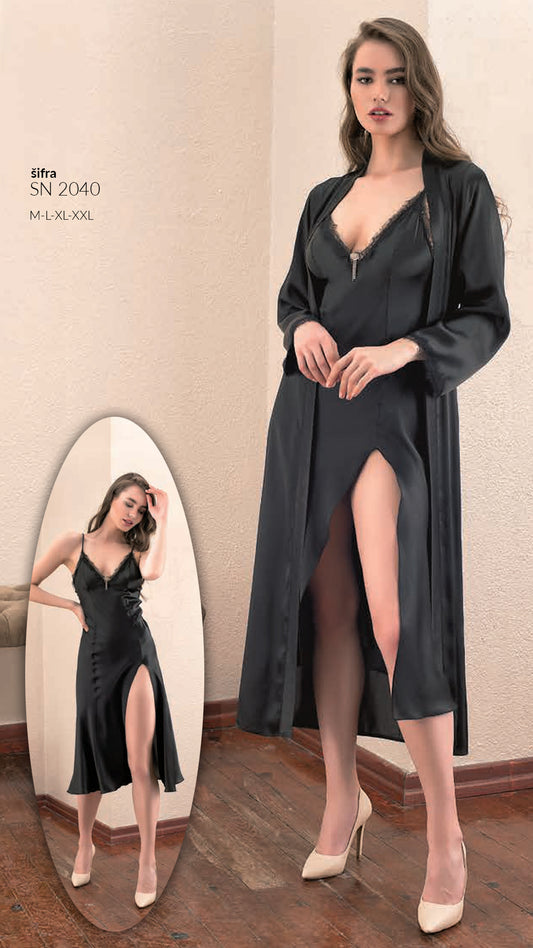 Duga satenska dvodjelna spavaćica, noćna haljina sa ogrtačem