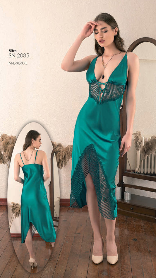 Duga satenska spavaćica, noćna haljina sa čipkom